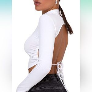 White backless mock neck long sleeve crop t shirt